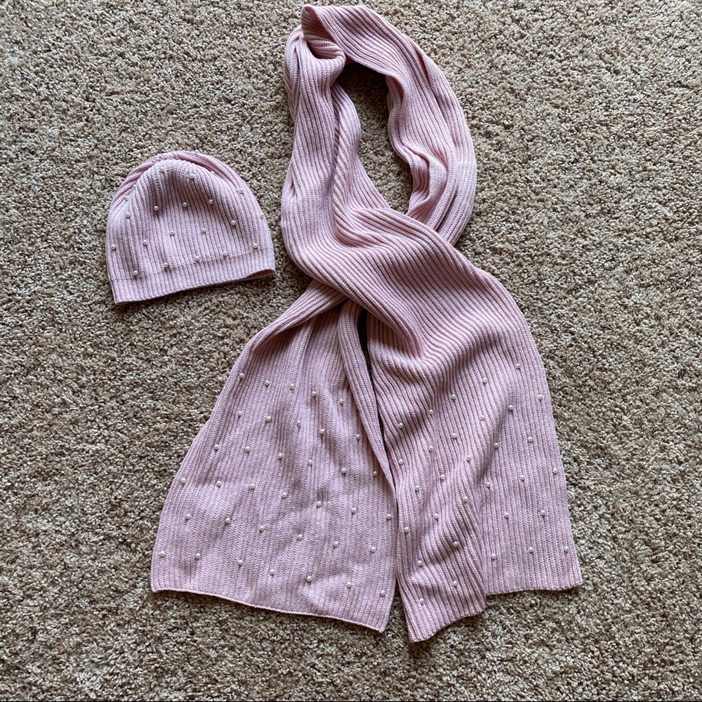 J Crew Factory light pink pearl beanie and scarf